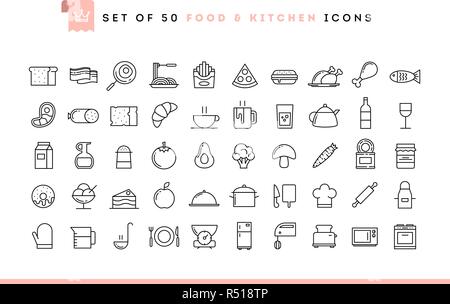 Set of 50 food and kitchen icons, thin line style Stock Vector