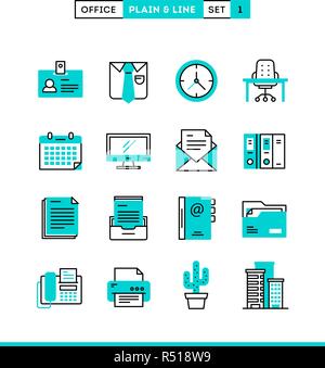 Office things, plain and line icons set, flat design Stock Vector