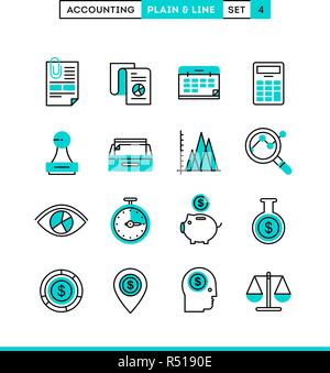 Accounting, business statistics, time and money management and more. Plain and line icons set, flat design Stock Vector