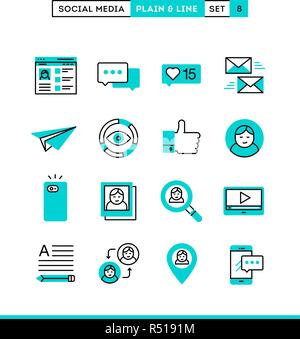 Social media, communication, personal profile, online posting and more. Plain and line icons set, flat design Stock Vector