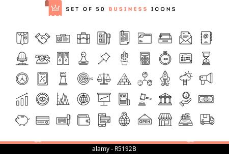 Set of 50 business icons, thin line style Stock Vector