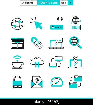 Internet, global network, cloud computing, free WiFi and more. Plain and line icons set, flat design Stock Vector