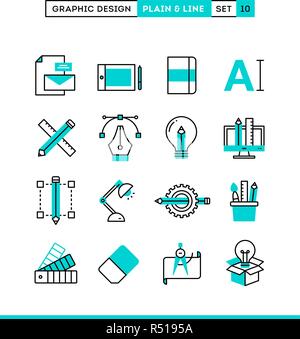 Graphic design, creative package, stationary, software and more. Plain and line icons set, flat design, vector illustration Stock Vector