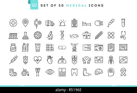 Set of 50 medical icons, thin line style Stock Vector