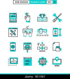 Web design, coding, responsive, app development and more. Plain and line icons set, flat design Stock Vector