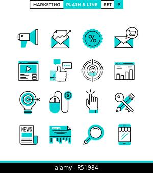Digital marketing, online business, target audience, pay per click and more. Plain and line icons set, flat design Stock Vector