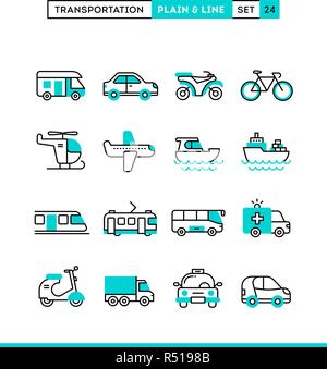 Transportation. Plain and line icons set, flat design Stock Vector