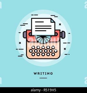 Typing machine, flat design thin line banner Stock Vector