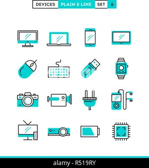 Technology, devices, gadgets and more. Plain and line icons set, flat design Stock Vector