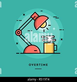 Overtime, flat design thin line banner Stock Vector