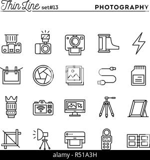 Photography, equipment, post-production, printing and more, thin line icons set Stock Vector