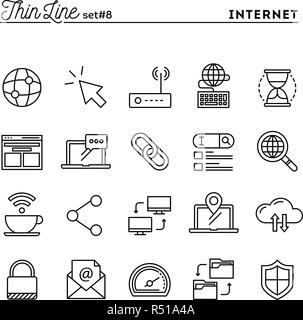 Internet, global network, cloud computing, free WiFi and more, thin line icons set Stock Vector