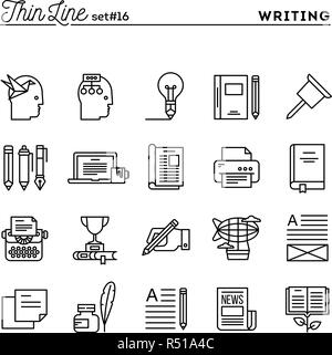 Writing, blogging, best seller book, storytelling and more, thin line icons set Stock Vector