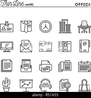 Office things, thin line icons set Stock Vector
