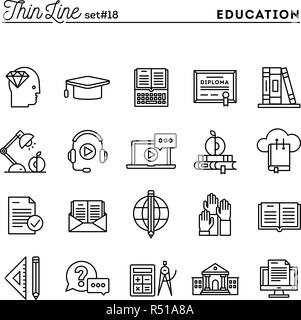 Education, online books, distance learning, webinar and more, thin line icons set Stock Vector