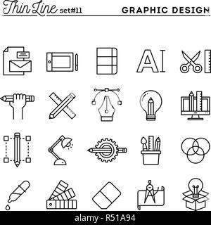 Graphic design, creative package, stationary, software and more, thin line icons set Stock Vector