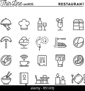 Restaurant, phone ordering, meal, receipt and more, thin line icons set Stock Vector