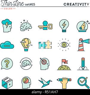 Creativity, imagination, problem solving, mind power and more, thin line color icons set Stock Vector