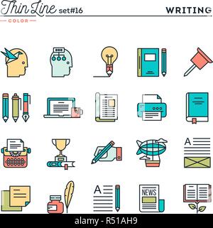 Writing, blogging, best seller book, storytelling and more, thin line color icons set Stock Vector