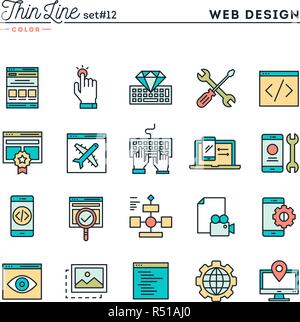 Web design, coding, responsive, app development and more, thin line color icons set Stock Vector