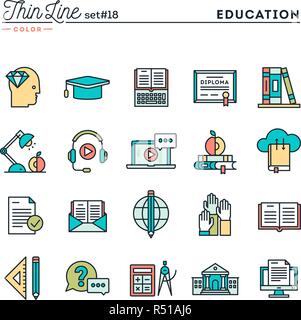 Education, online books, distance learning, webinar and more, thin line color icons set Stock Vector