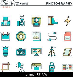 Photography, equipment, post-production, printing and more, thin line color icons set Stock Vector