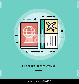 Flight booking, flat design thin line banner Stock Vector