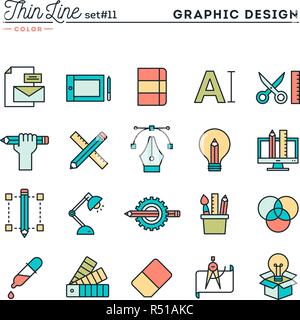 Graphic design, creative package, stationary, software and more, thin line color icons set Stock Vector