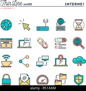 Internet, global network, cloud computing, free WiFi and more, thin line color icons set Stock Vector