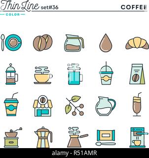 Coffee, thin line color icons set Stock Vector