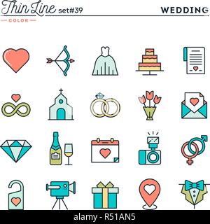 Wedding, bridal dress, event invitation, celebration party and more, thin line color icons set Stock Vector