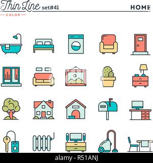 Home, interior, furniture and more, thin line color icons set Stock Vector