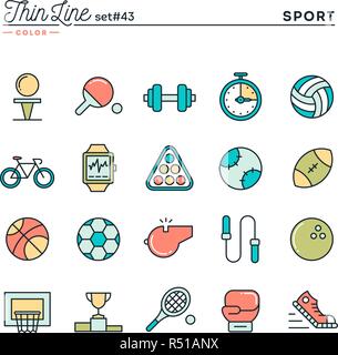 Sports, recreation, work out, equipment and more, thin line color icons set Stock Vector