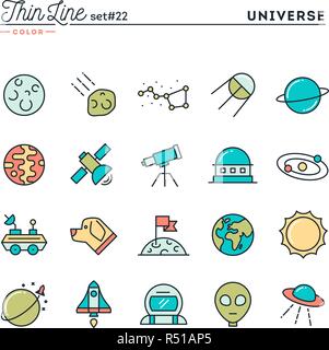 Universe, celestial bodies, rocket launching, astronomy and more, thin line color icons set Stock Vector
