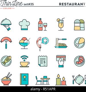 Restaurant, phone ordering, meal, receipt and more, thin line color icons set Stock Vector