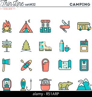 Camping, hiking, wilderness, adventure and more, thin line color icons set Stock Vector