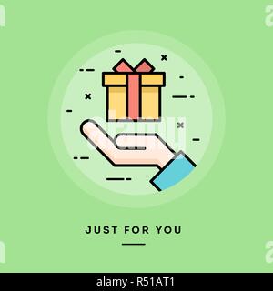 Hand holding a gift box, flat design thin line banner Stock Vector