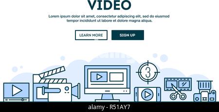 Video making, concept header, flat design thin line style Stock Vector