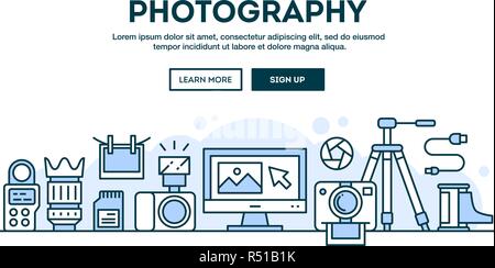 Photography equipment, concept header, flat design thin line style Stock Vector