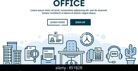 Office, concept header, flat design thin line style Stock Vector