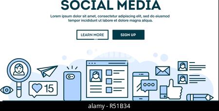 Social media, concept header, flat design thin line style Stock Vector