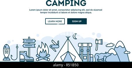 Camping, concept header, flat design thin line style Stock Vector