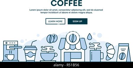 Coffee, concept header, flat design thin line style Stock Vector