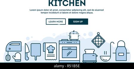 Kitchen, concept header, flat design thin line style Stock Vector