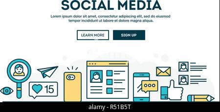 Social media, colorful concept header, flat design thin line style Stock Vector