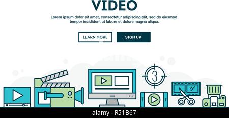 Video making, colorful concept header, flat design thin line style Stock Vector