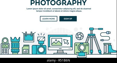 Photography equipment, colorful concept header, flat design thin line style Stock Vector