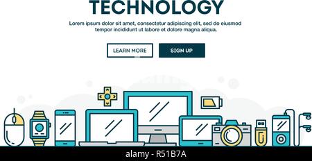 Technology, colorful concept header, flat design thin line style Stock Vector