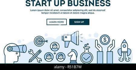 Start up business, concept header, flat design thin line style Stock Vector