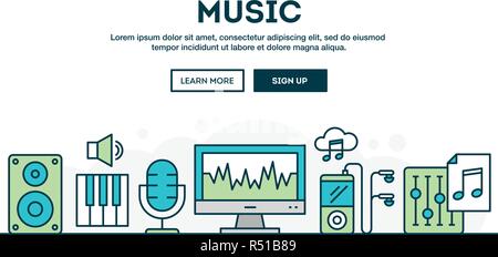 Music production, colorful concept header, flat design thin line style Stock Vector